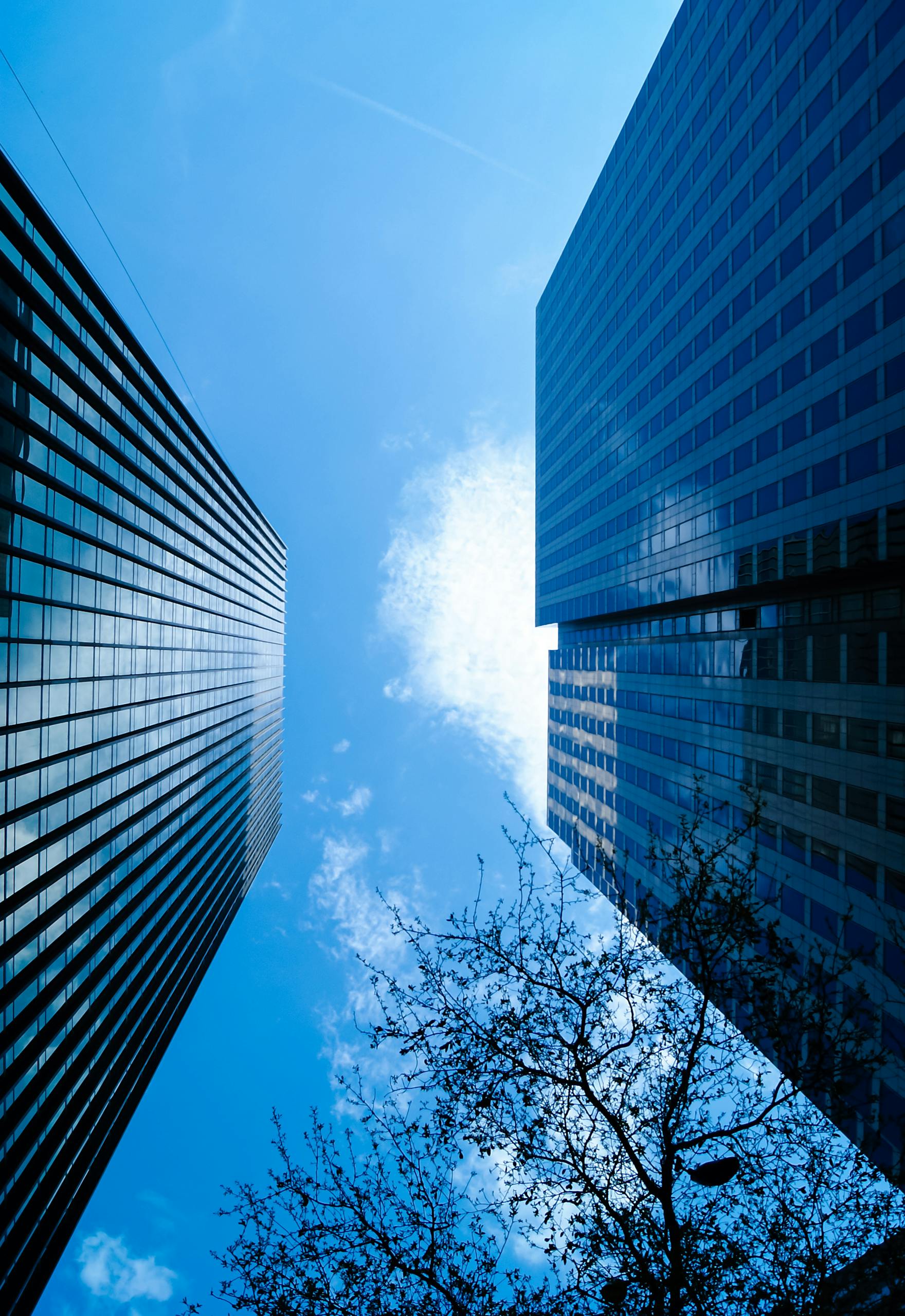Striking view of Dallas skyscrapers against the blue sky, capturing urban architecture.